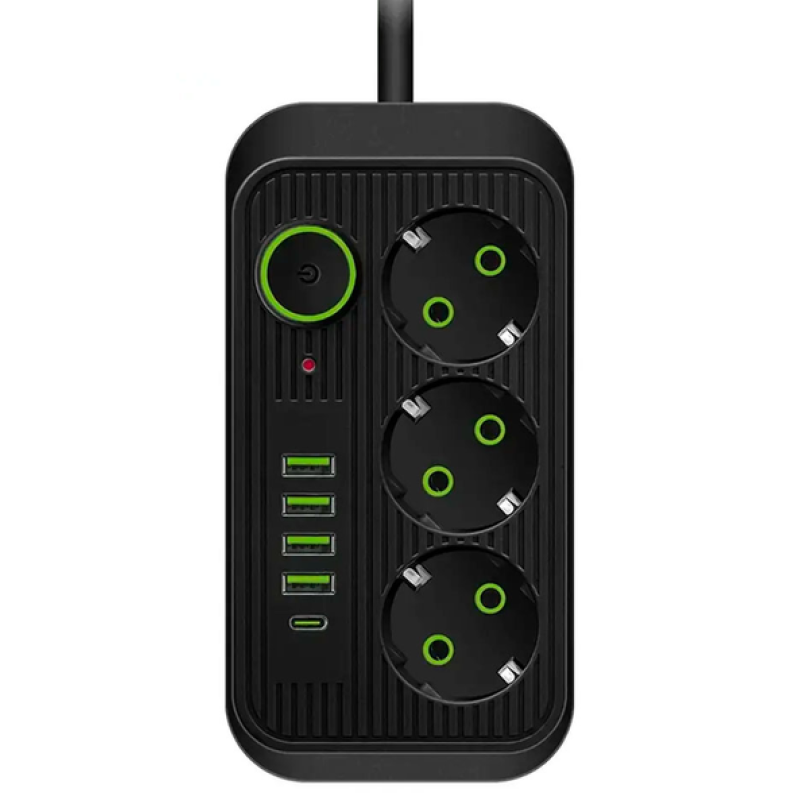 Подовжувач UA Power F09U на 3 розетки + 4USB+Type-C 4м Black