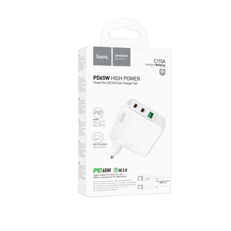 Мережевий адаптер Hoco C115A Header PD65W/QC (2C1A) GAN White