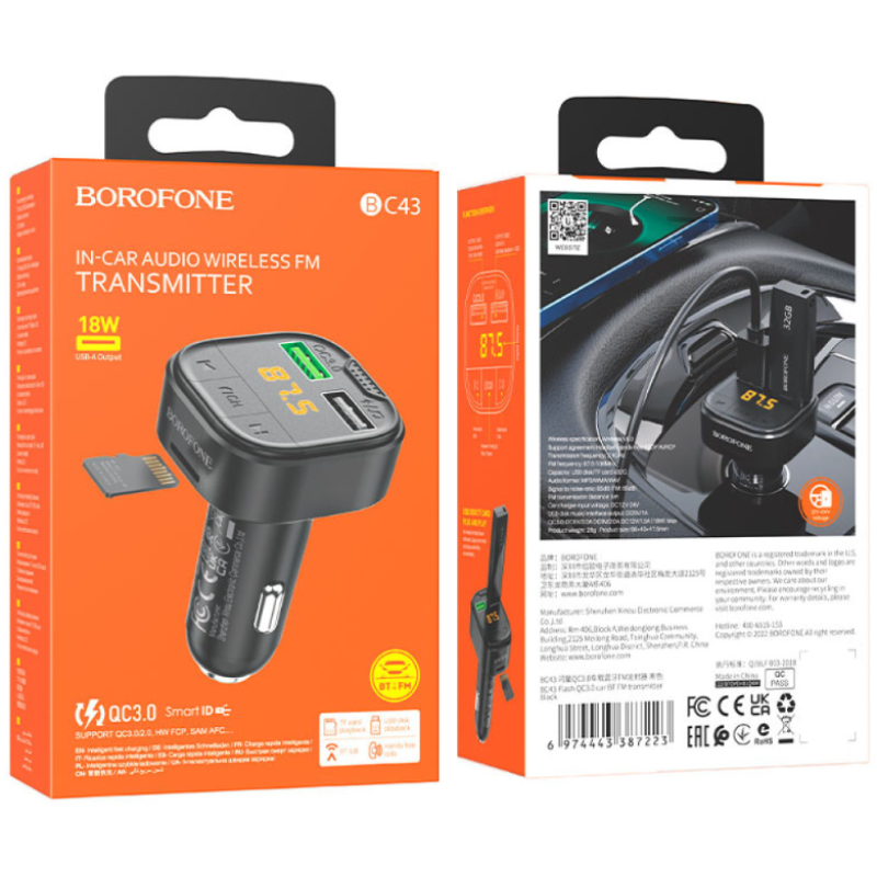 FM Модулятор Borofone BC43 QC3.0 Flash QC3.0 18W