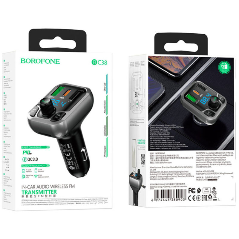 FM-модулятор Borofone BC38 Flash Energy PD20W+QC3.0