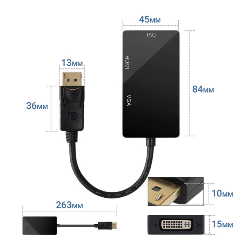Перехідник / Конвертер DisplayPort DP to HDMI DVI VGA 3 IN 1 Black