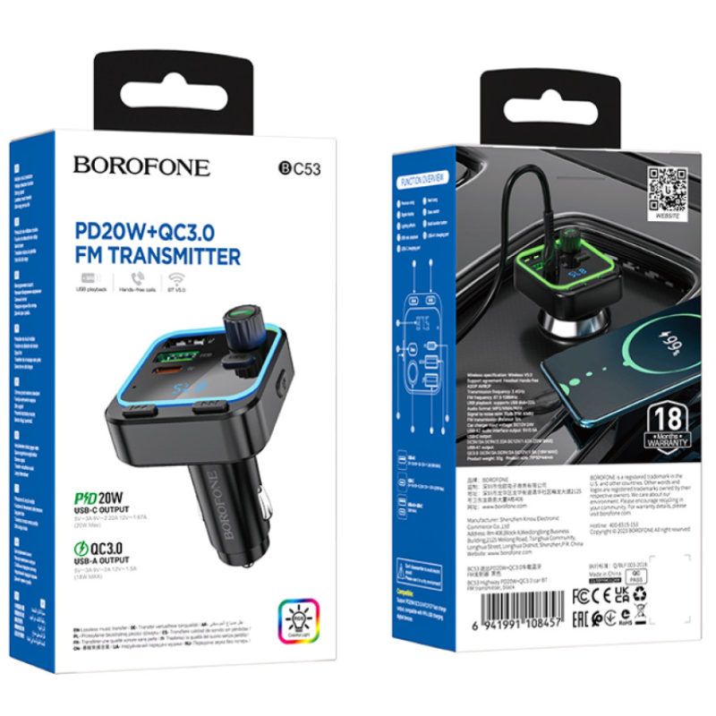 FM Модулятор Borofone BC53 Highway PD20W+QC3.0