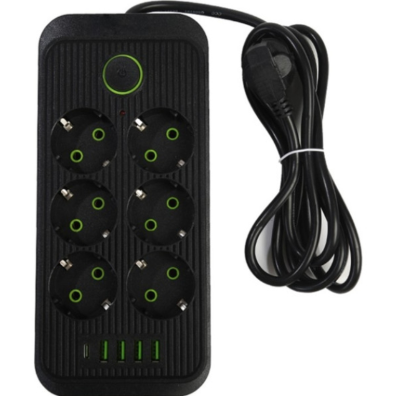Подовжувач UA Power F06U на 6 розетки + 4USB+Type-C 2м Black