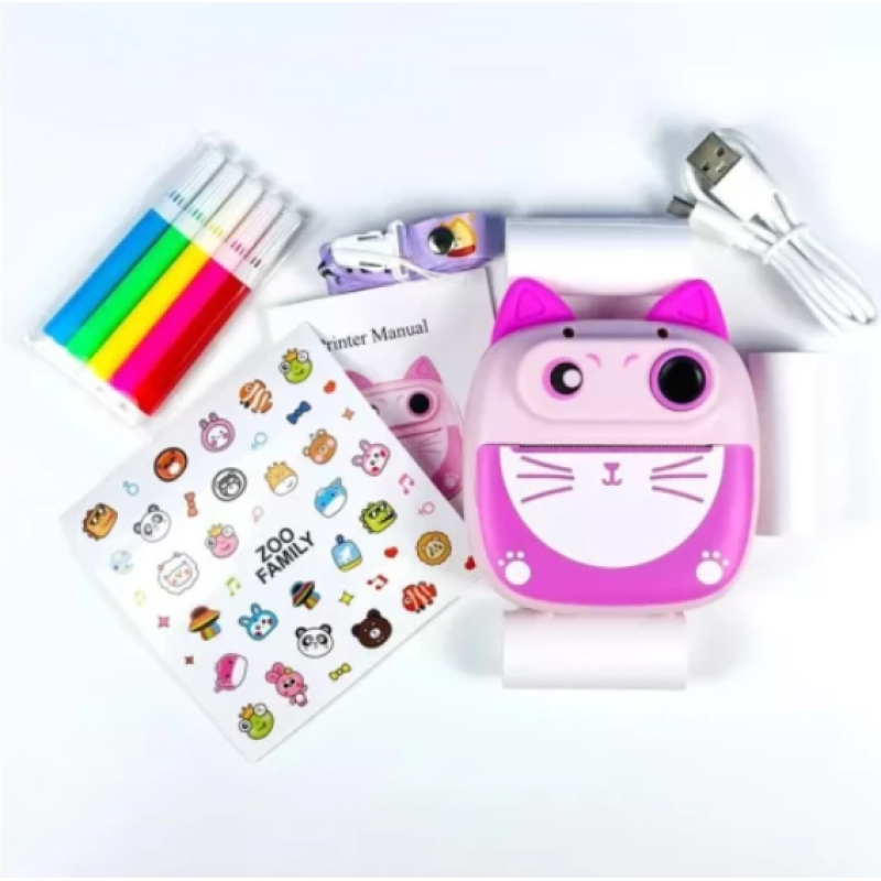 Детская фотокамера D6 Cat с функцией печати и фронтальной камерой Pink