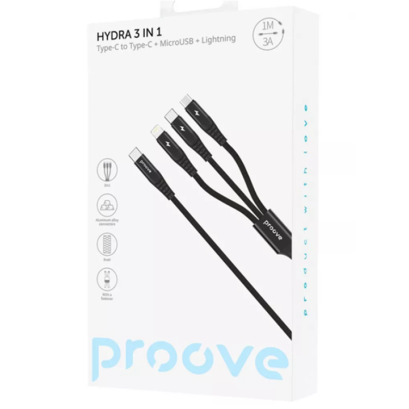 Кабель 3in1 Proove Hydra Type-C + Micro USB + Lightning 3А 1m