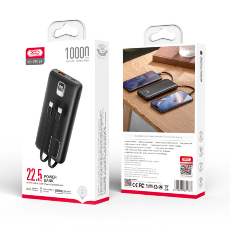 Power Bank XO PR184 10000mAh QC22.5W/PD20W with cable TYPE-C+ Lightning