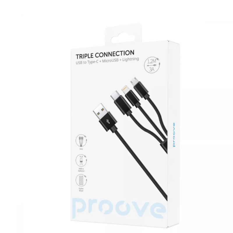 Кабель 3in1 Proove Triple Connection Type-C + Micro USB + Lightning 3А 1.2m
