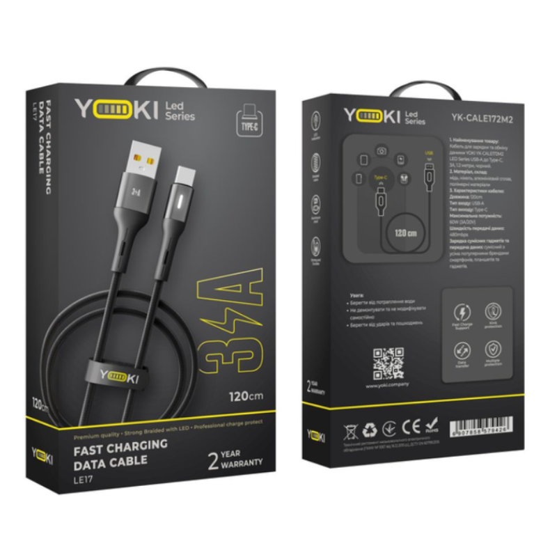 Кабель USB-Type C YOKI LED YK-LE17 3A 1.2m Black