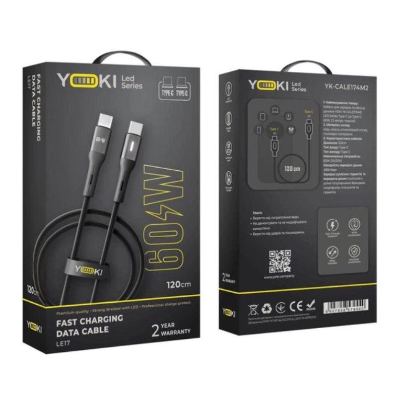 Кабель USB YOKI LED YK-LE17 Type-C to Type-C 60W 1.2m Black