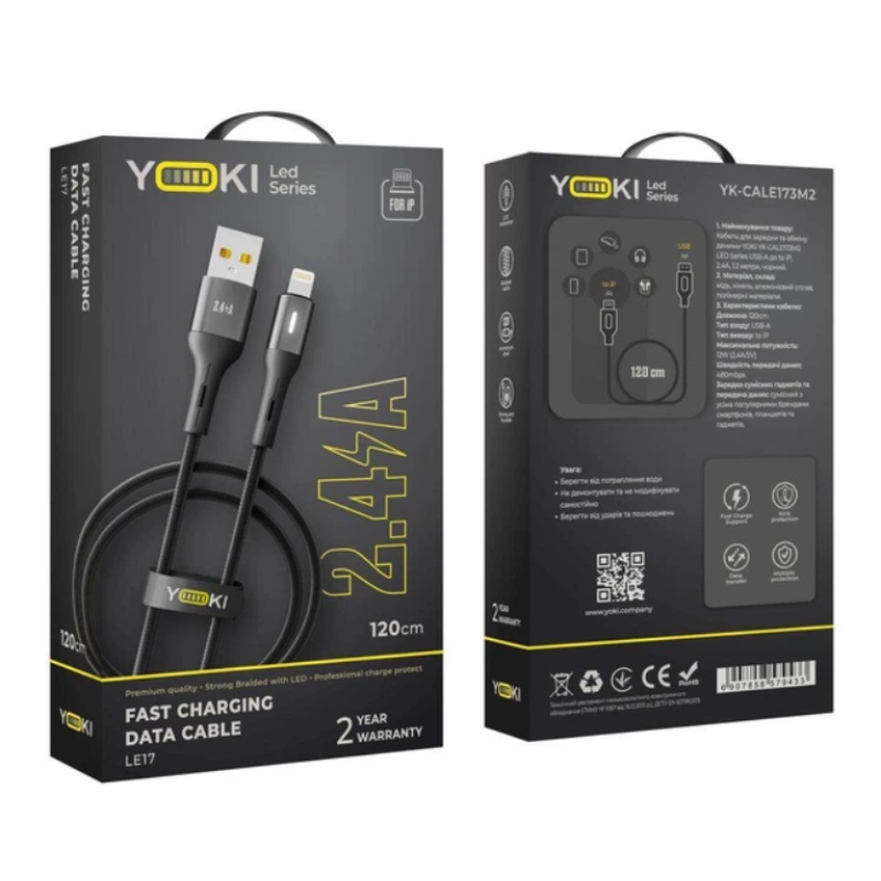 Кабель USB YOKI LED YK-LE17 Lightning 2.4A 1.2m Black