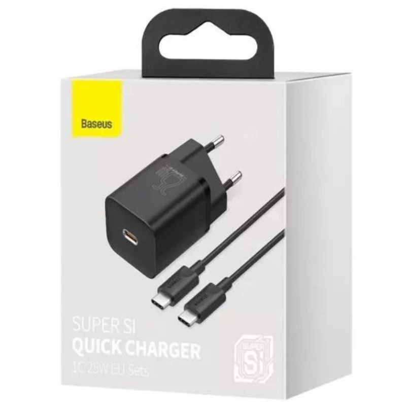 СЗУ Baseus Super Silicone Quick Charger 25W Type-C + With Cable Type-C to Type-C 3A Black