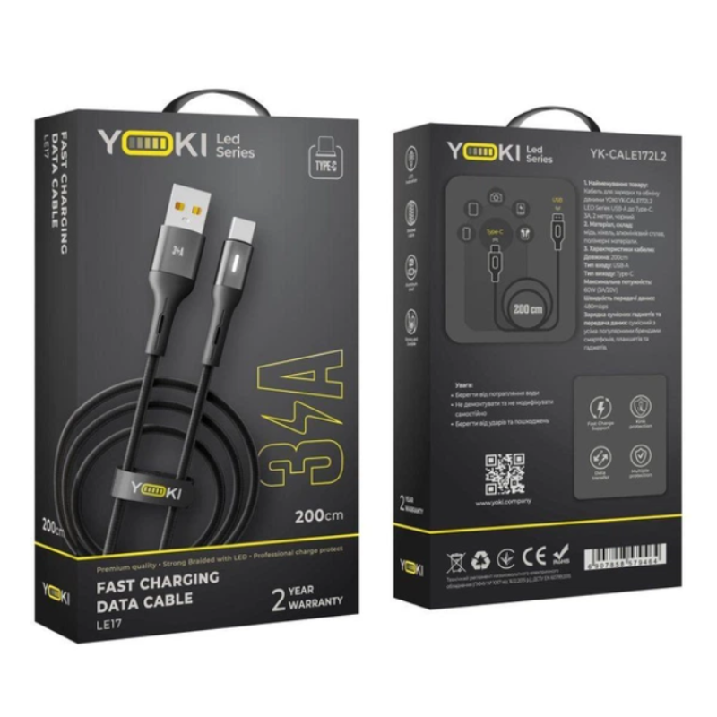 Кабель USB-Type C YOKI LED YK-LE17 3A 2m Black