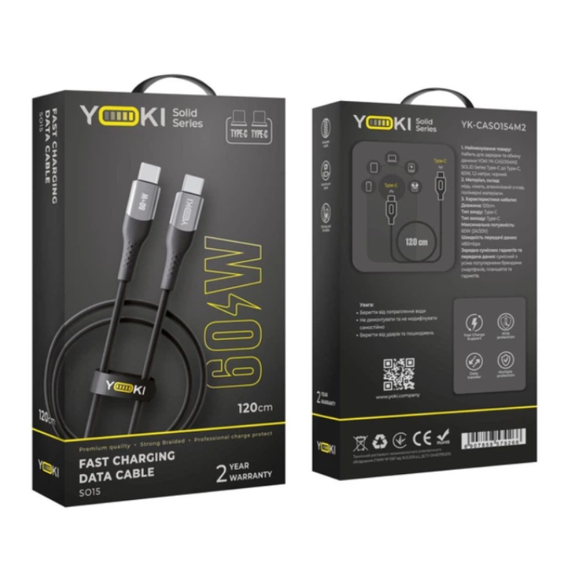 Кабель Type-C to Type-C YOKI SOLID YK-SO15 60W 1.2m Black