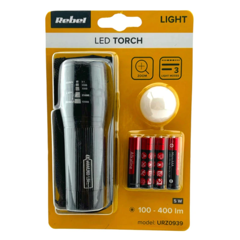 Фонарик Rebel UR-0939 5W 100-400Lm AAA*4