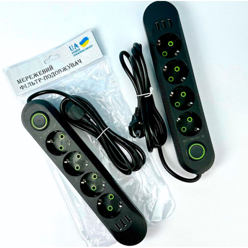 Подовжувач  UA Power F04U на 4 розетки + 3USB 2м Black