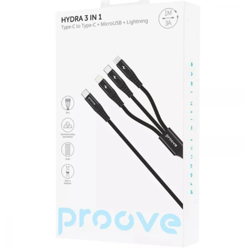 Кабель 3in1 Proove Hydra Type C to Type-C + Micro USB + Lightning 3А 1m