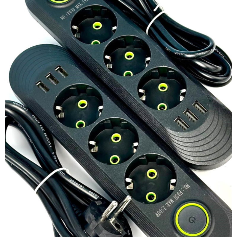 Подовжувач UA Power F03U на 3 розетки + 3USB 2м Black