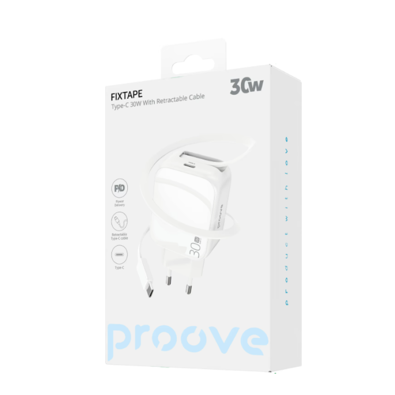 Сетевое зарядное устройство Proove Fixtape GAN 30 Вт (с кабелем Type C) white