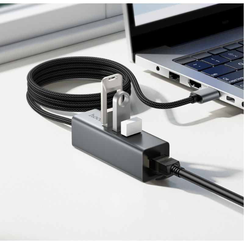 USB Hub Hoco HB1D (4 USB+Ethernet, 100 см)