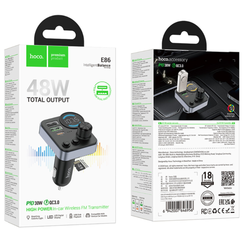 FM модулятор Hoco E86 Alegria PD30W+QC3.0