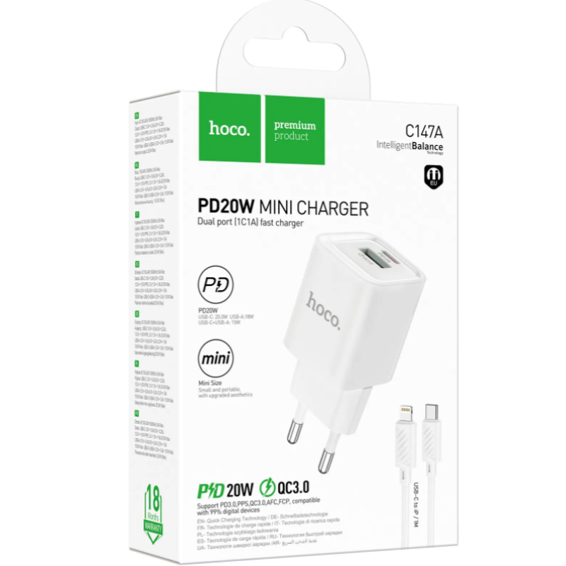 МЗП Hoco C147A Charm PD20W+QC3.0 Type-C to Lightning