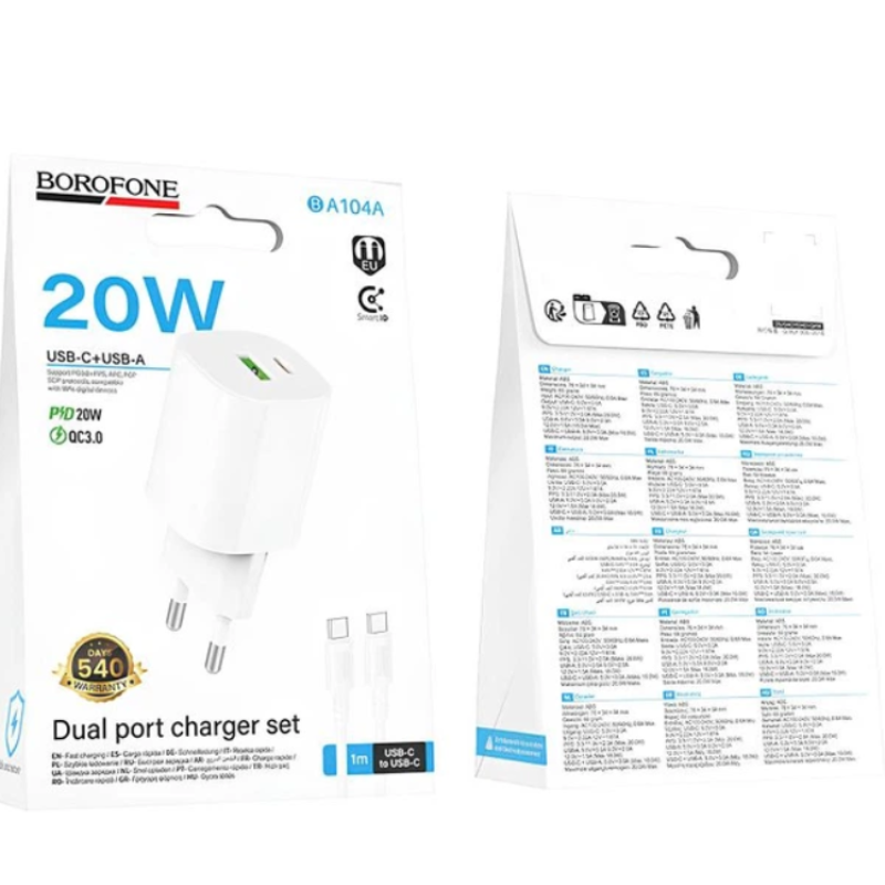 СЗУ Borofone BA104A Pudding PD+QC3.0 Type-C to Type-C 20W White 