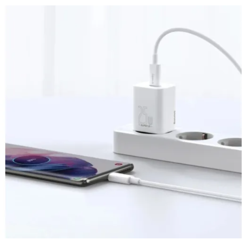 СЗУ Baseus Super Silicone Quick Charger 25W Type-C + With Cable Type-C to Type-C 3A White