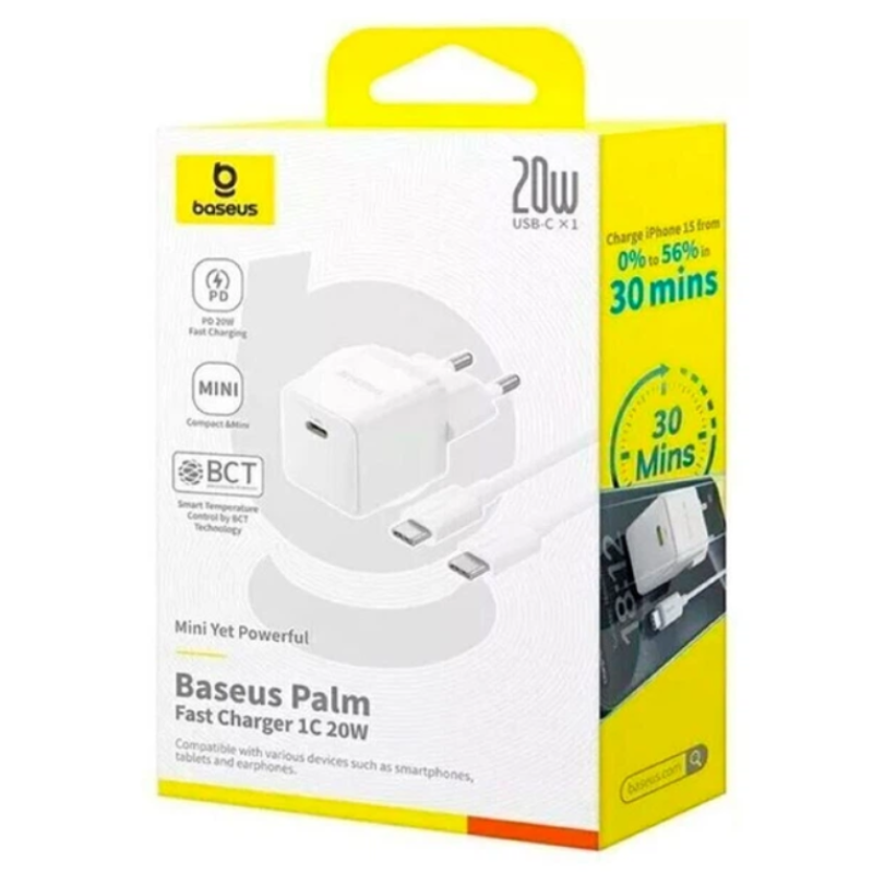 МЗП Baseus Palm Fast Charger Type-C+ USB 20W (Cable 60W) White