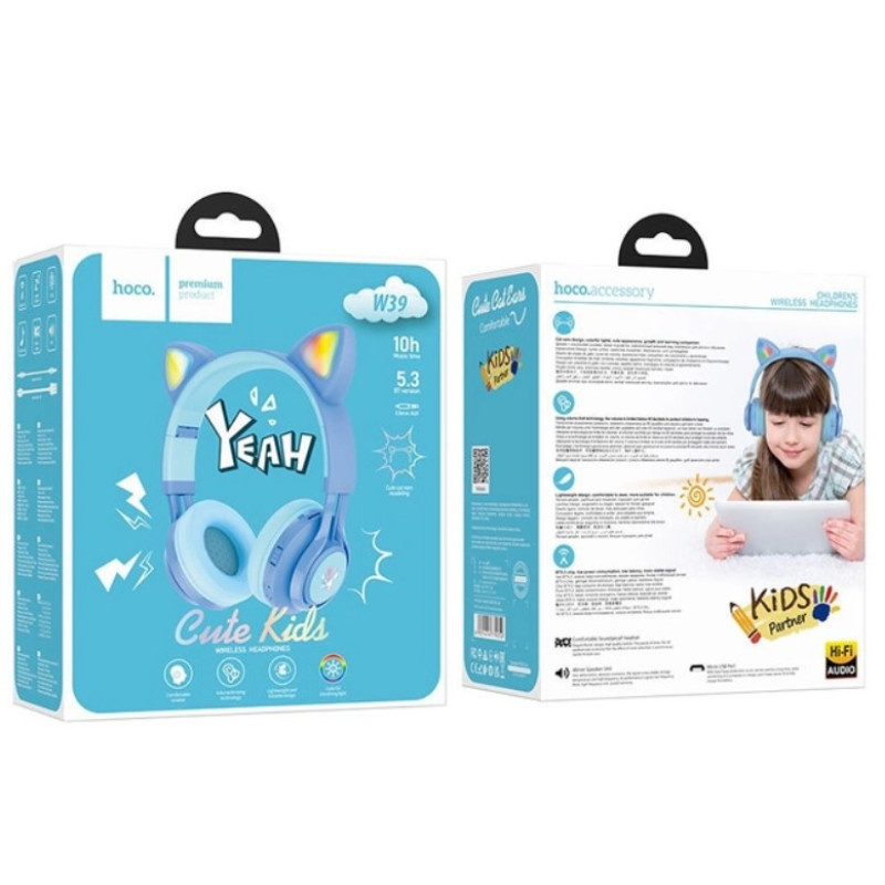Наушники Bluetooth CAT Ear Hoco W39 с подсветкой Blue