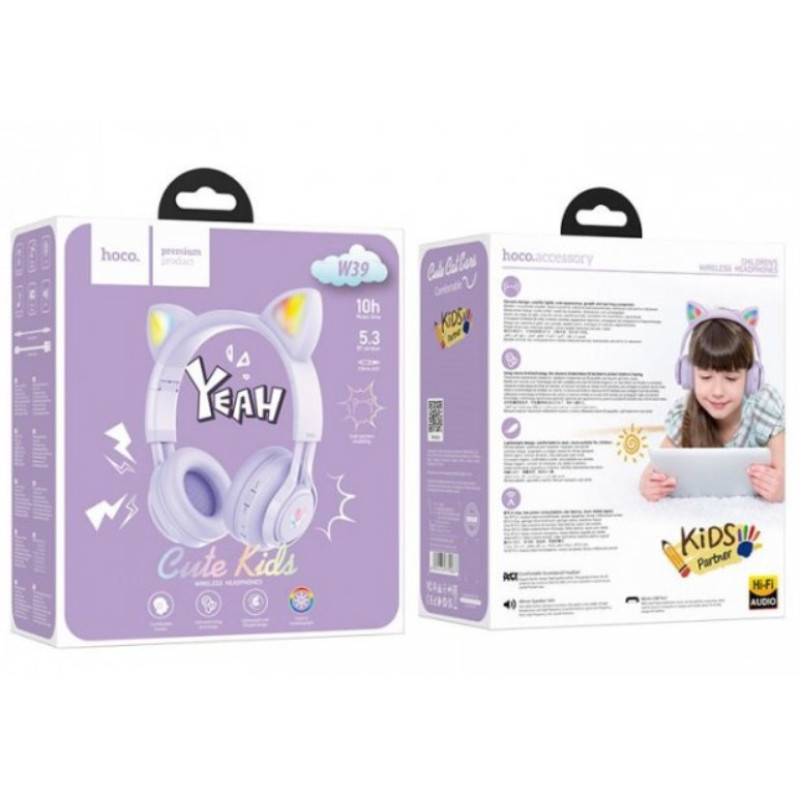 Навушники Bluetooth CAT Ear Hoco W39 з підсвіткою Purple