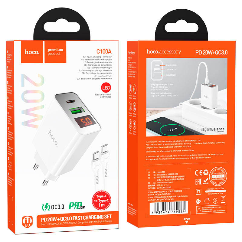 Зарядний пристрій Hoco C100A Type C-Type C PD20W+QC3.0 with display