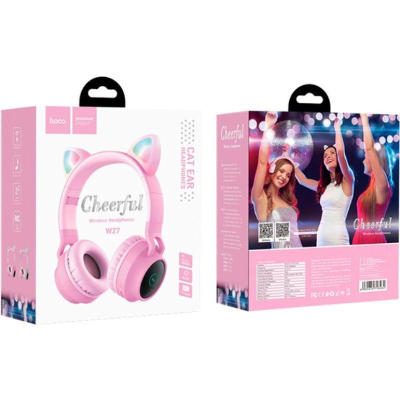 Наушники Bluetooth CAT Ear Hoco W27 с подсветкой Pink