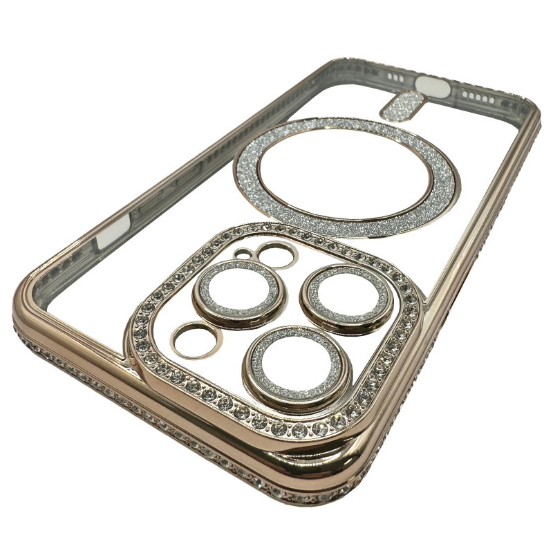 Чехол Diamond With MagSafe c защитными линзами на камеру iPhone 15 Pro золотой