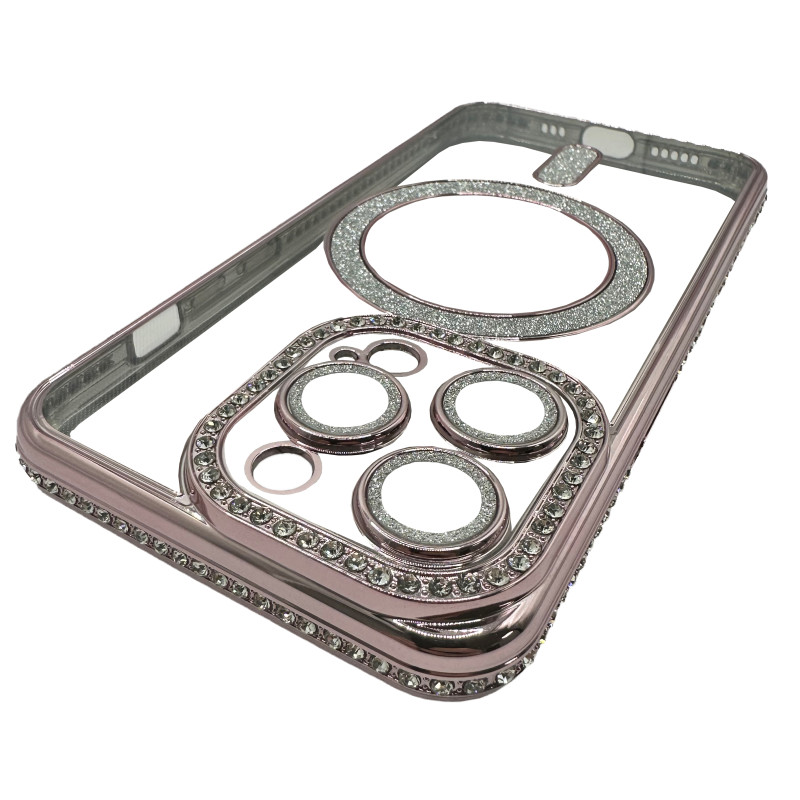 Чехол Diamond With MagSafe c защитными линзами на камеру iPhone 15 Pro розовый